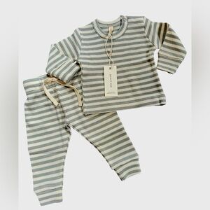 NWTS Quincy Mae 2PC Sky Stripe Gray/Cream, Waffle knit, sz 12-18 m